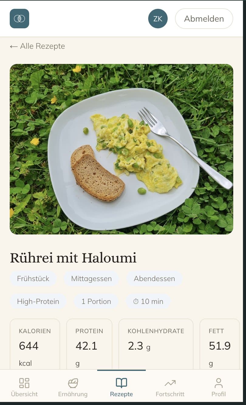 Screenshot eines Rezeptdetails mit Nährwerten und Zutaten
